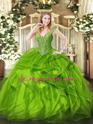 Latest V-neck Neckline Beading and Ruffles Quince Ball Gowns Sleeveless Lace Up