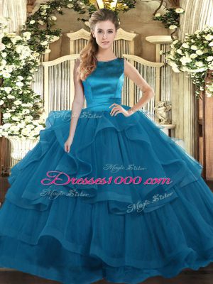 Floor Length Teal Quinceanera Dresses Tulle Sleeveless Ruffles