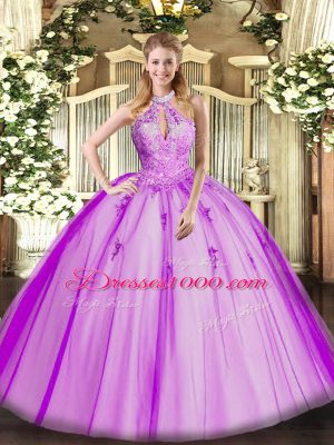 Fuchsia Halter Top Lace Up Lace and Appliques Vestidos de Quinceanera Sleeveless