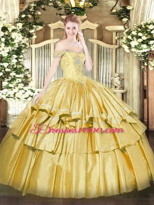 Sumptuous Floor Length Gold 15th Birthday Dress Off The Shoulder Sleeveless Lace Up