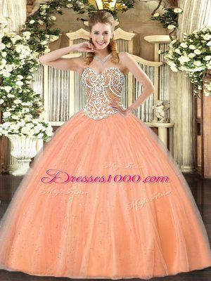 Fantastic Peach Ball Gowns Beading Sweet 16 Quinceanera Dress Lace Up Tulle Sleeveless Floor Length
