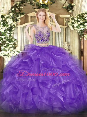 Eggplant Purple Sleeveless Organza Lace Up Quinceanera Dress for Military Ball and Sweet 16 and Quinceanera