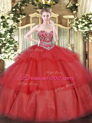 Red Sleeveless Floor Length Beading and Ruffled Layers Lace Up 15th Birthday Dress