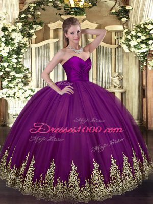 Exquisite Sleeveless Tulle Floor Length Zipper Vestidos de Quinceanera in Purple with Appliques