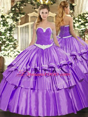 Wonderful Lavender Lace Up Quinceanera Gowns Appliques and Ruffled Layers Sleeveless Floor Length