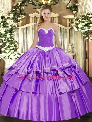Wonderful Lavender Lace Up Quinceanera Gowns Appliques and Ruffled Layers Sleeveless Floor Length