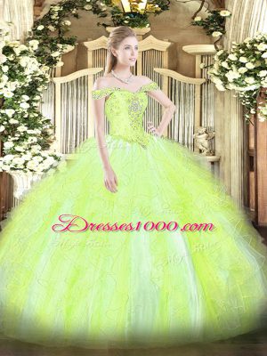 On Sale Yellow Green Sleeveless Floor Length Beading and Ruffles Lace Up Quinceanera Gowns