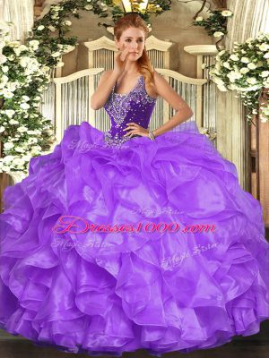 Gorgeous Beading and Ruffles Quince Ball Gowns Lavender Lace Up Sleeveless Floor Length