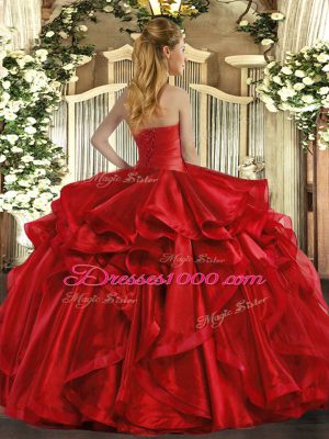 Hot Pink Lace Up Strapless Ruffles Sweet 16 Dresses Organza Sleeveless