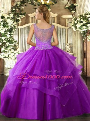 Sleeveless Floor Length Beading and Ruffles Clasp Handle Quinceanera Gown with Purple