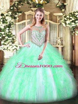 Delicate Apple Green 15 Quinceanera Dress Military Ball and Sweet 16 and Quinceanera with Beading and Ruffles Scoop Sleeveless Zipper