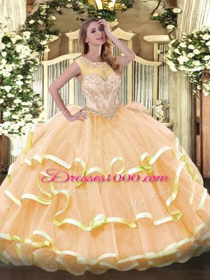 Elegant Peach Scoop Neckline Beading and Ruffled Layers Quince Ball Gowns Sleeveless Zipper