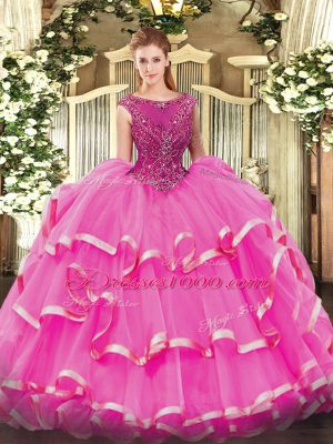 Unique Ball Gowns 15th Birthday Dress Fuchsia Scoop Organza Sleeveless Floor Length Zipper