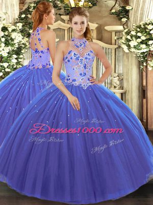Vintage Blue Ball Gowns Halter Top Sleeveless Tulle Floor Length Lace Up Embroidery Ball Gown Prom Dress
