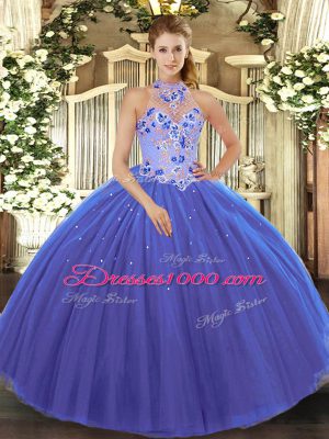 Vintage Blue Ball Gowns Halter Top Sleeveless Tulle Floor Length Lace Up Embroidery Ball Gown Prom Dress