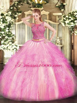 Rose Pink Scoop Lace Up Beading and Ruffles Vestidos de Quinceanera Sleeveless