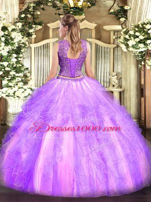 Rose Pink Scoop Lace Up Beading and Ruffles Vestidos de Quinceanera Sleeveless