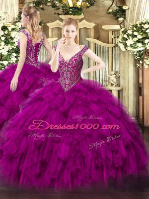Artistic Fuchsia V-neck Neckline Beading and Ruffles Quince Ball Gowns Sleeveless Lace Up