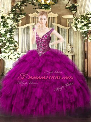 Artistic Fuchsia V-neck Neckline Beading and Ruffles Quince Ball Gowns Sleeveless Lace Up