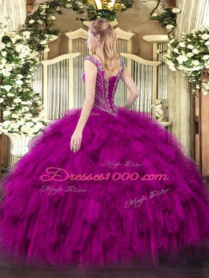 Artistic Fuchsia V-neck Neckline Beading and Ruffles Quince Ball Gowns Sleeveless Lace Up
