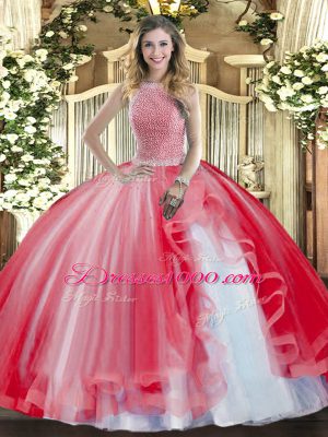 Fancy Floor Length Lace Up Sweet 16 Dress Red for Military Ball and Sweet 16 and Quinceanera with Beading and Ruffles