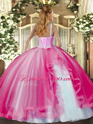 Fancy Floor Length Lace Up Sweet 16 Dress Red for Military Ball and Sweet 16 and Quinceanera with Beading and Ruffles