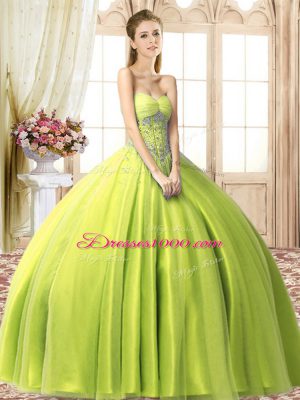 Yellow Green Ball Gowns Sweetheart Sleeveless Tulle Floor Length Lace Up Beading Little Girl Pageant Gowns