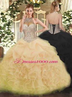 Trendy Champagne Sleeveless Organza Lace Up 15 Quinceanera Dress for Military Ball and Sweet 16 and Quinceanera