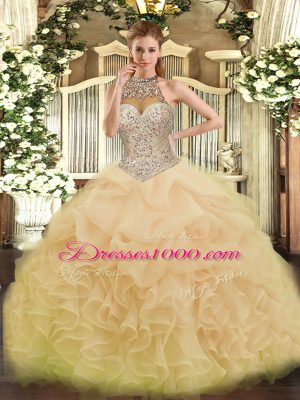 Trendy Champagne Sleeveless Organza Lace Up 15 Quinceanera Dress for Military Ball and Sweet 16 and Quinceanera