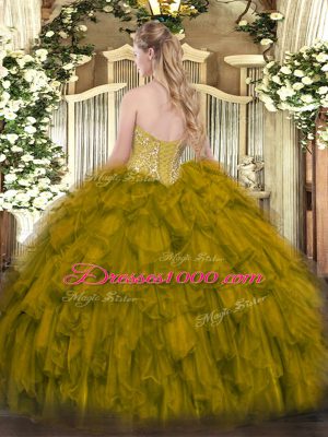 Sweetheart Sleeveless Quinceanera Dress Floor Length Beading and Ruffles Olive Green Organza