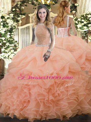 Sophisticated Sleeveless Organza Floor Length Lace Up Quinceanera Dress in Peach with Beading and Ruffles and Pick Ups