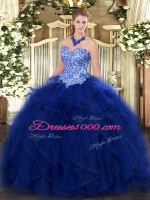 Noble Appliques and Ruffles Ball Gown Prom Dress Blue Lace Up Sleeveless Floor Length