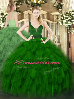 Dark Green Ball Gowns Beading and Ruffles Quinceanera Gowns Zipper Organza Sleeveless Floor Length