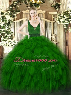 Dark Green Ball Gowns Beading and Ruffles Quinceanera Gowns Zipper Organza Sleeveless Floor Length