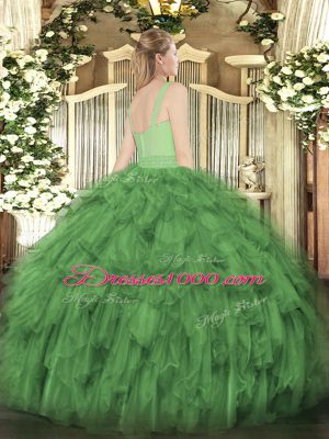 Dark Green Ball Gowns Beading and Ruffles Quinceanera Gowns Zipper Organza Sleeveless Floor Length