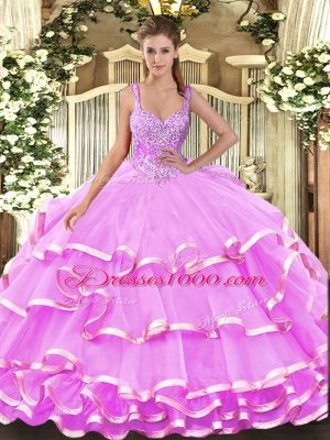Edgy Floor Length Lace Up Sweet 16 Quinceanera Dress Lilac for Military Ball and Sweet 16 and Quinceanera with Beading and Ruffled Layers
