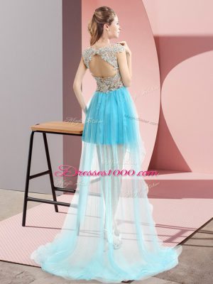 Best High Low A-line Sleeveless Aqua Blue Custom Made Sweep Train Lace Up