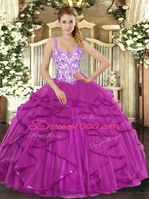 Sleeveless Floor Length Beading and Appliques and Ruffles Lace Up Ball Gown Prom Dress with Fuchsia