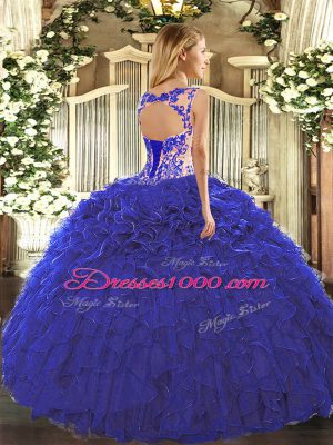 Flirting Fuchsia Lace Up Scoop Beading and Appliques and Ruffles 15th Birthday Dress Organza Cap Sleeves