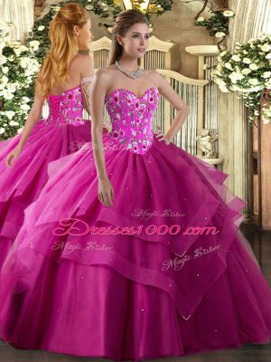 Pretty Fuchsia Sweetheart Lace Up Embroidery and Ruffled Layers Vestidos de Quinceanera Sleeveless