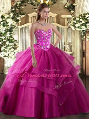 Pretty Fuchsia Sweetheart Lace Up Embroidery and Ruffled Layers Vestidos de Quinceanera Sleeveless