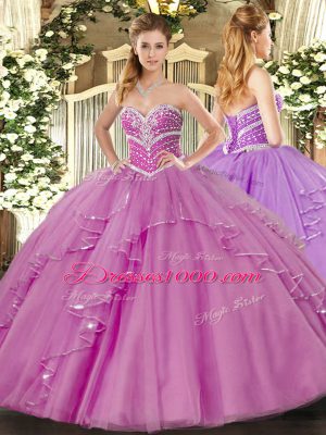 Elegant Lilac Tulle Lace Up Quinceanera Gowns Sleeveless Floor Length Beading and Ruffles