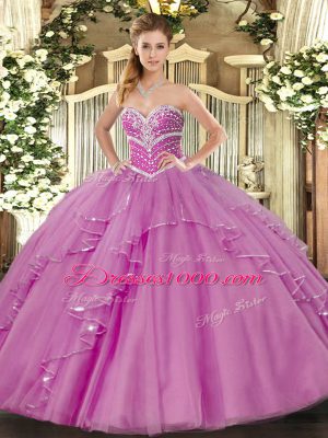 Elegant Lilac Tulle Lace Up Quinceanera Gowns Sleeveless Floor Length Beading and Ruffles