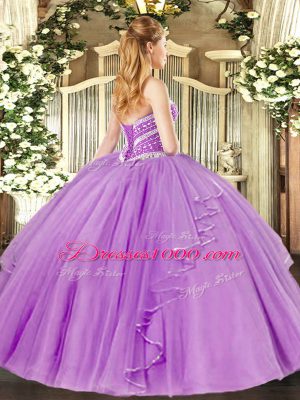 Elegant Lilac Tulle Lace Up Quinceanera Gowns Sleeveless Floor Length Beading and Ruffles