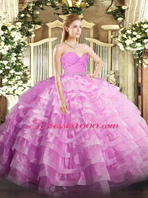 Cute Rose Pink Zipper Sweetheart Beading and Lace and Ruffled Layers Quinceanera Dress Tulle Sleeveless