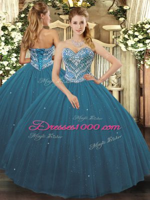 Ball Gowns Quinceanera Dresses Teal Sweetheart Tulle Sleeveless Floor Length Lace Up