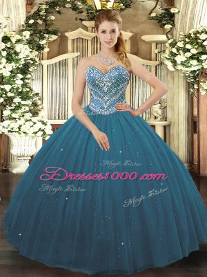 Ball Gowns Quinceanera Dresses Teal Sweetheart Tulle Sleeveless Floor Length Lace Up