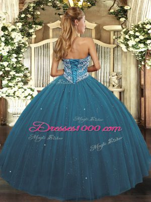 Ball Gowns Quinceanera Dresses Teal Sweetheart Tulle Sleeveless Floor Length Lace Up