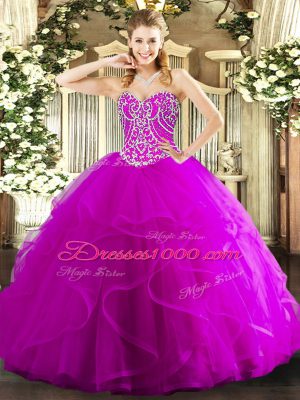 Customized Sweetheart Sleeveless Lace Up 15th Birthday Dress Fuchsia Tulle