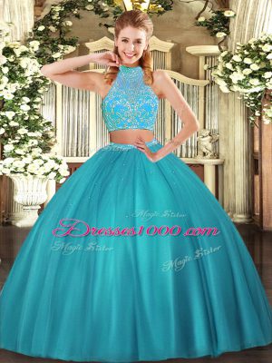 Charming Aqua Blue Two Pieces Halter Top Sleeveless Tulle Floor Length Criss Cross Beading Ball Gown Prom Dress